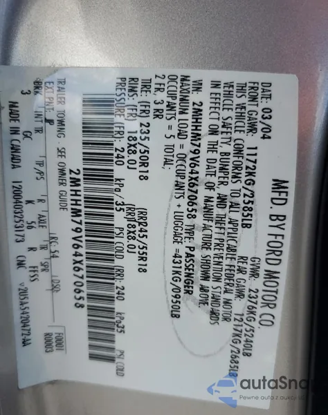 2004 Mercury Marauder from USA, damaged, VIN 2MHHM79V64X670658